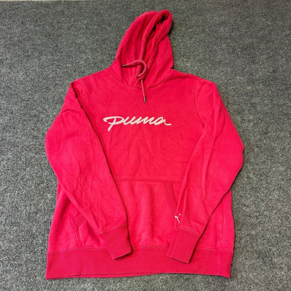 Puma Hoodie Womens Size L Pink Script Logo Pullover Long Sleeve Fleece Athletic